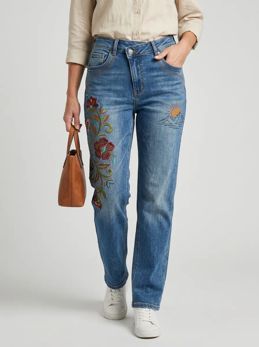 Women's Floral Mountain Landscape Embroidered Printed Straight Leg Jeans