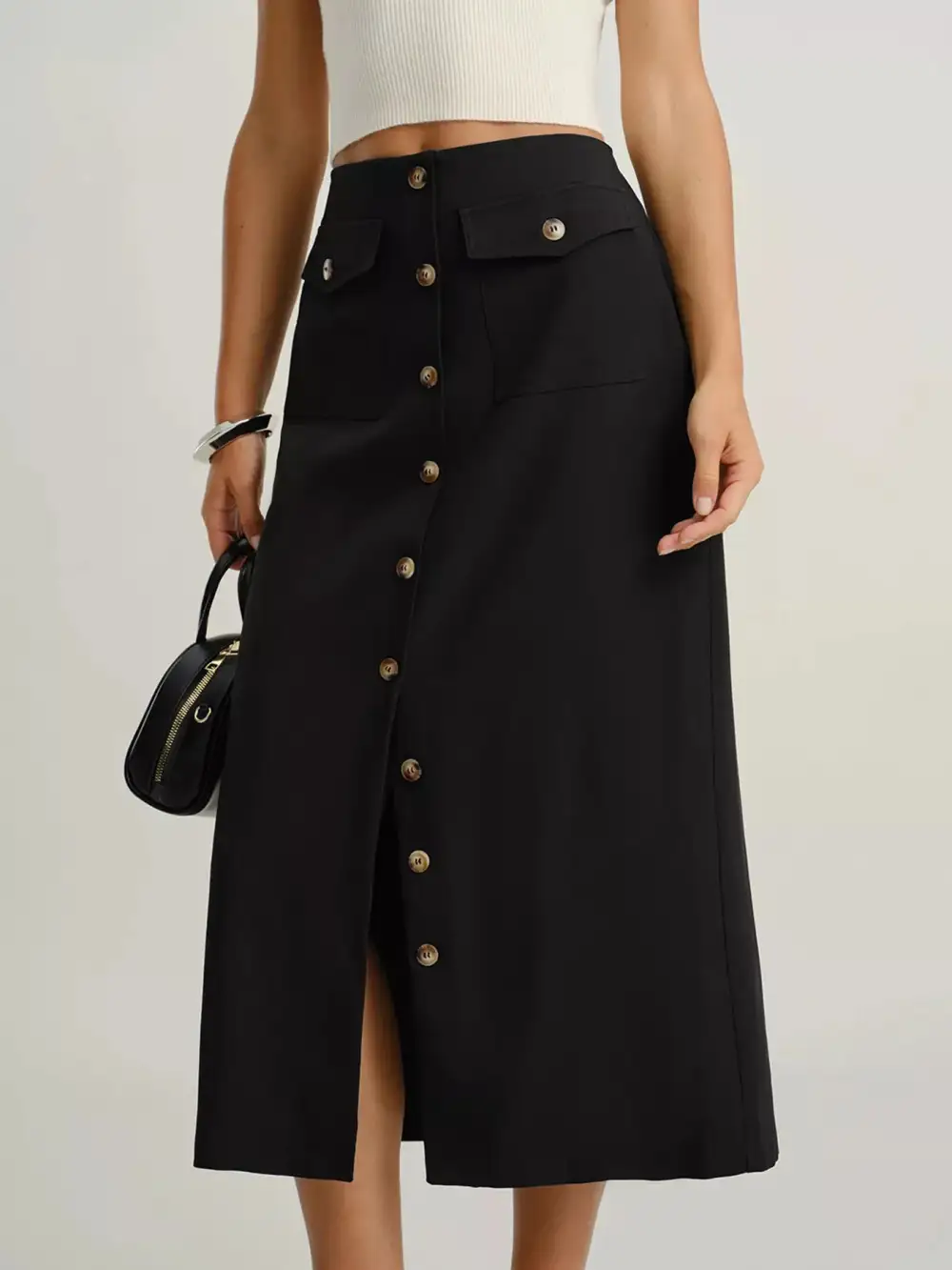 Pocketed Button Front Midi Skirt