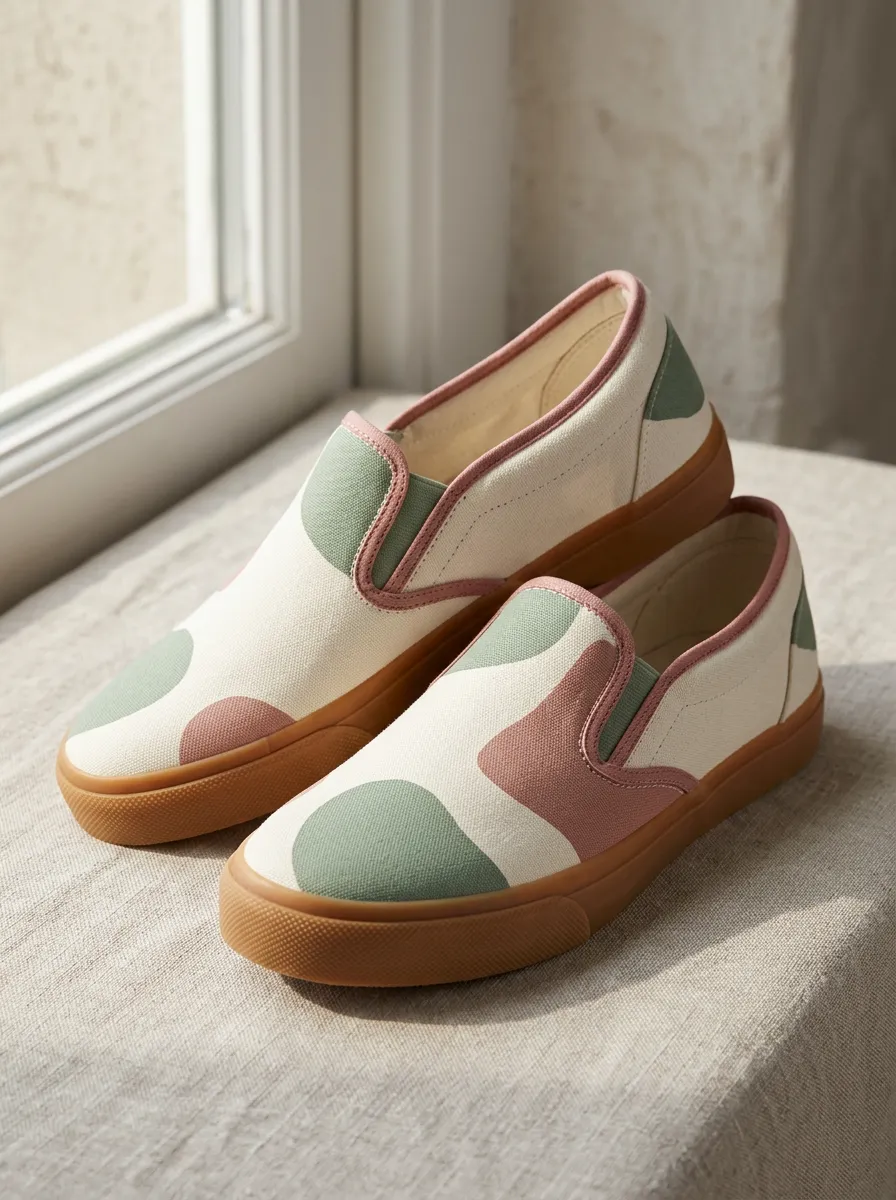 Women's Abstract Sage and Dusty Rose Printed Canvas Slip-on Shoes