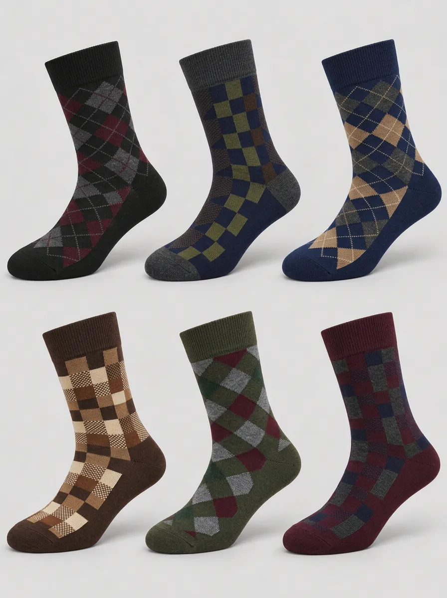 Men's Classic Argyle Checkered Pattern Printed Socks 6-Pack