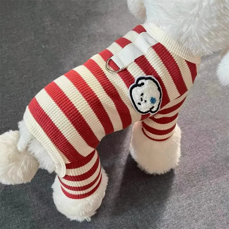 Cute Striped 4-Legged Pet Clothes, Breathable Knit Jumpsuit for Dogs & Cats, Cozy Indoor Pajamas for Small Breeds