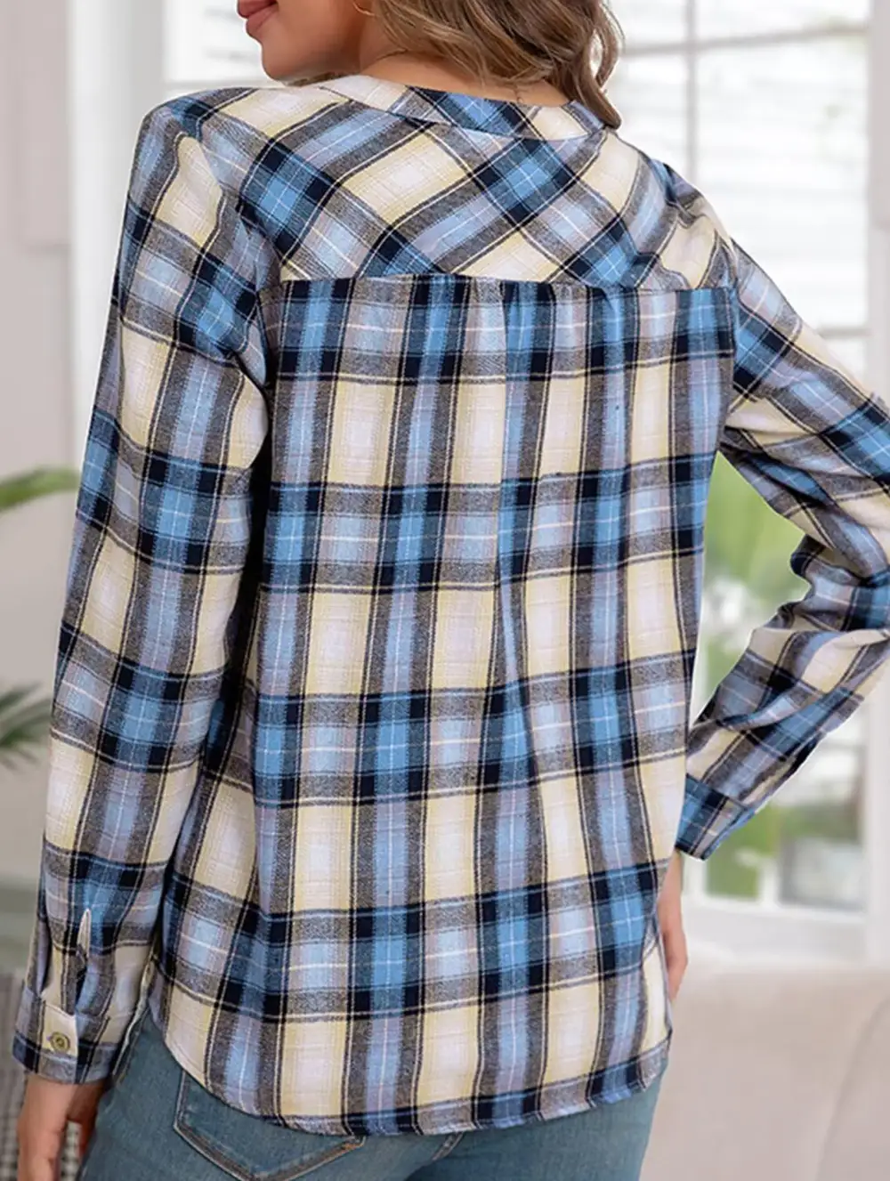 V Neck Plaid Button Shirt