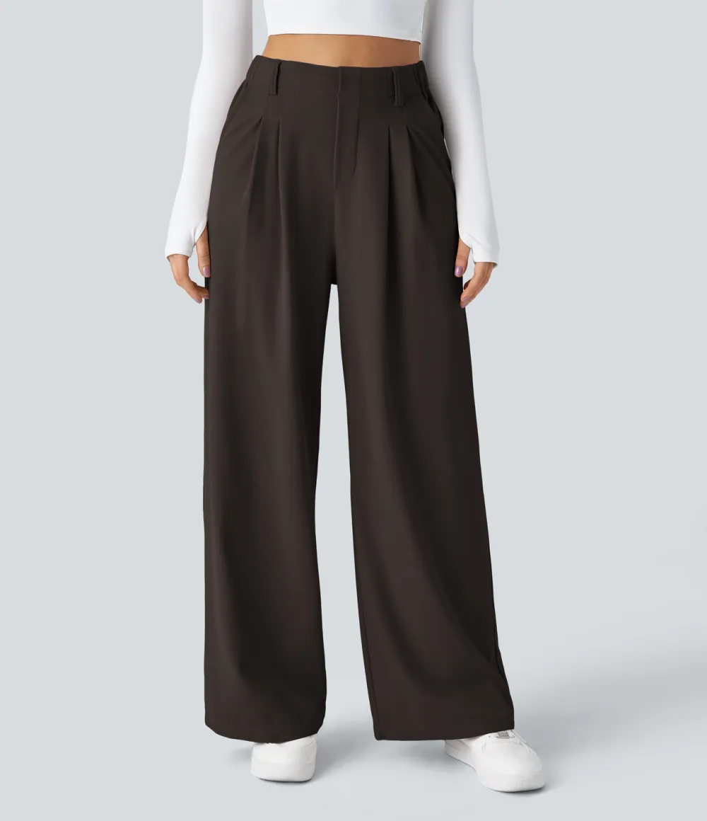 2026🔥  High Waisted Plicated Side Pocket Wide Leg Waffle Work Pants