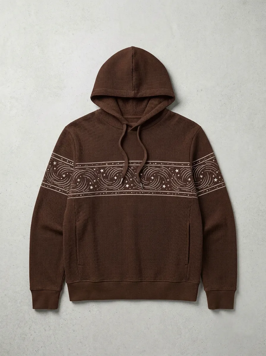 Men's Celestial Galaxy Star Swirl Graphic Waffle Waffle-Knit Pullover Hoodie