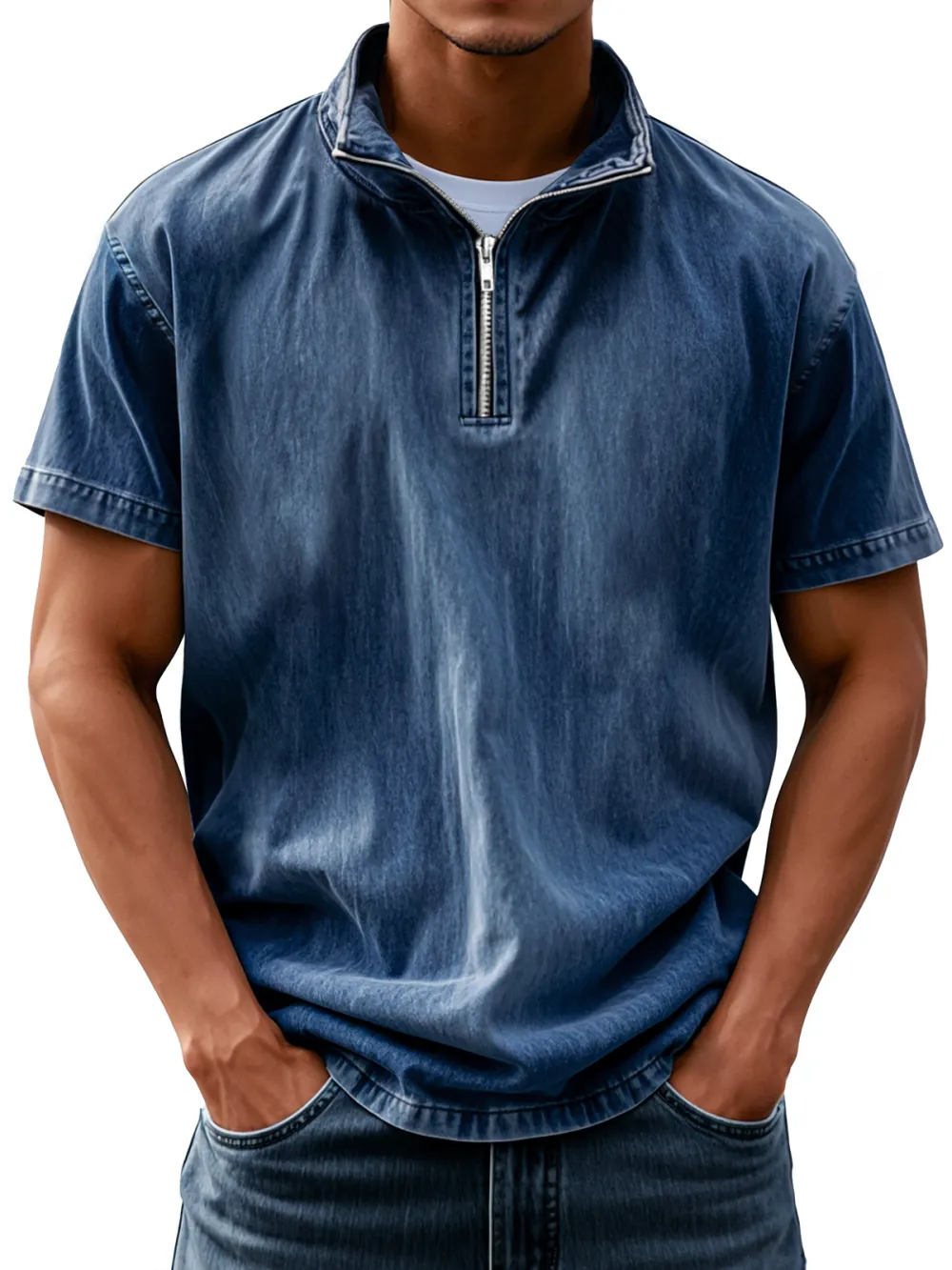 Short Sleeve Stand Collar Zip Front Shirt