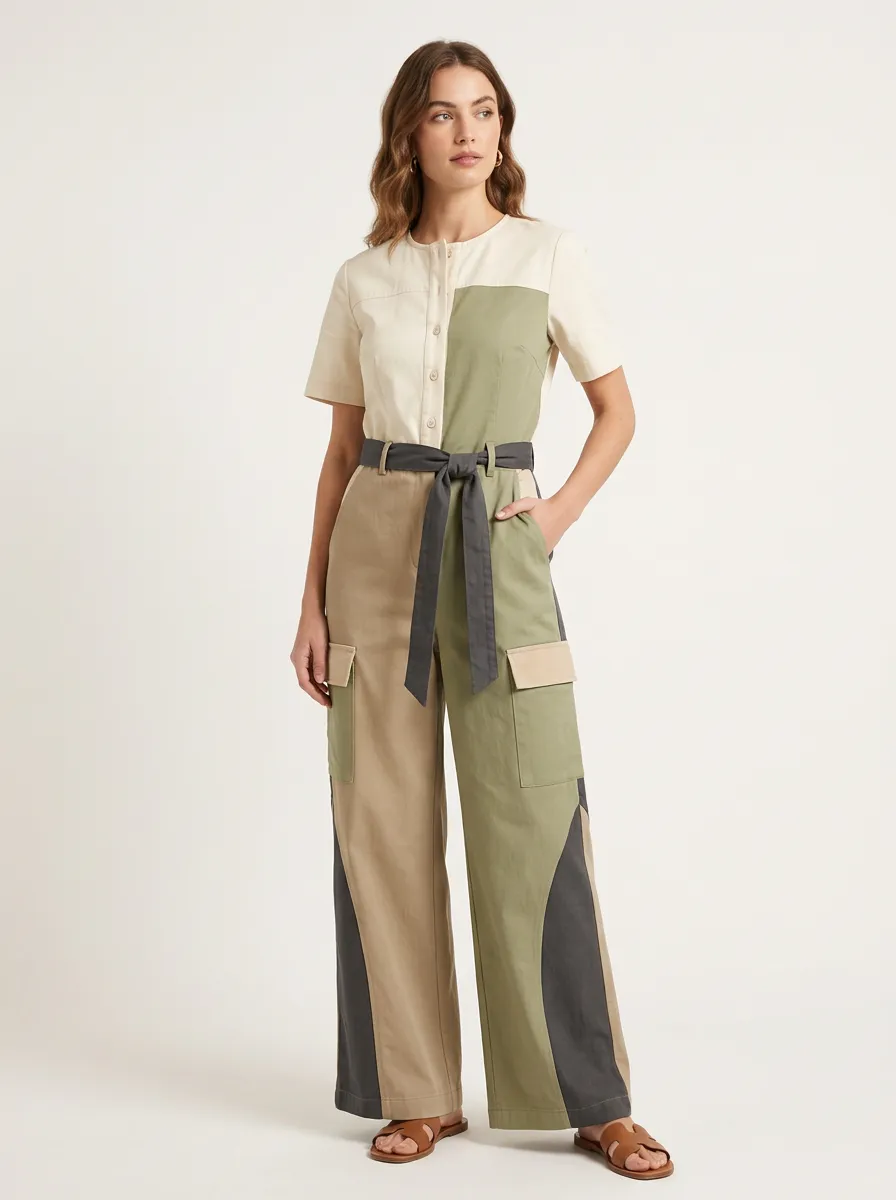Women's Utility Colorblock Belted Cargo Jumpsuit