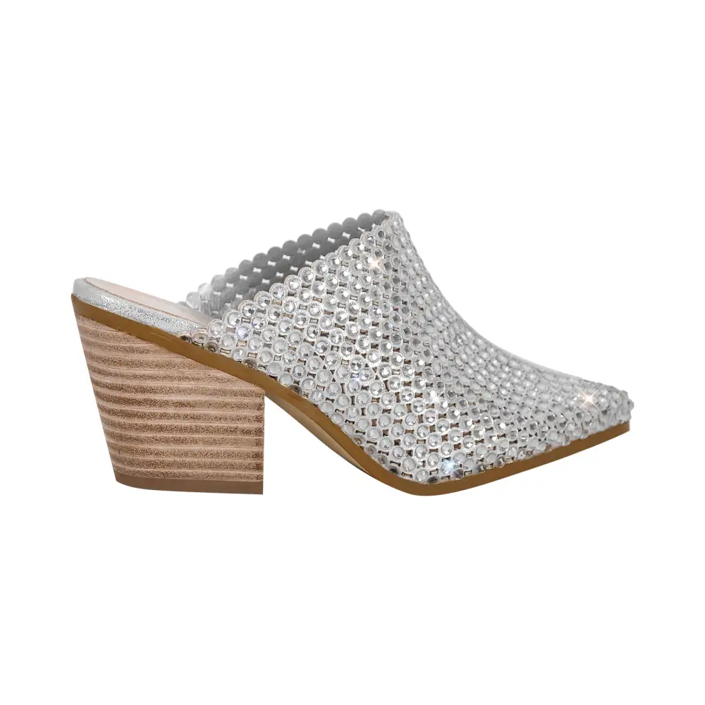 Rhinestone Pointed Toe Chunky Heel Heeled Mules