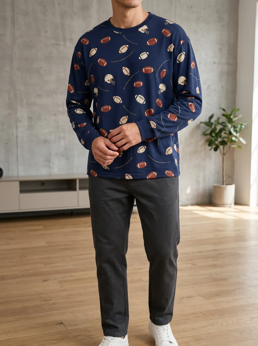 Men's American Football Fan Helmet and Ball Printed Long Sleeve Top