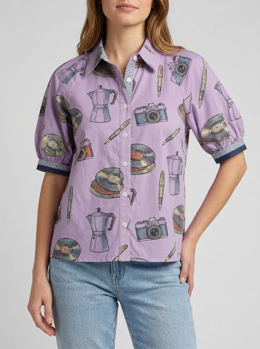 Women's Vintage Hobby Lover Camera Vinyl Coffee Printed Shirt