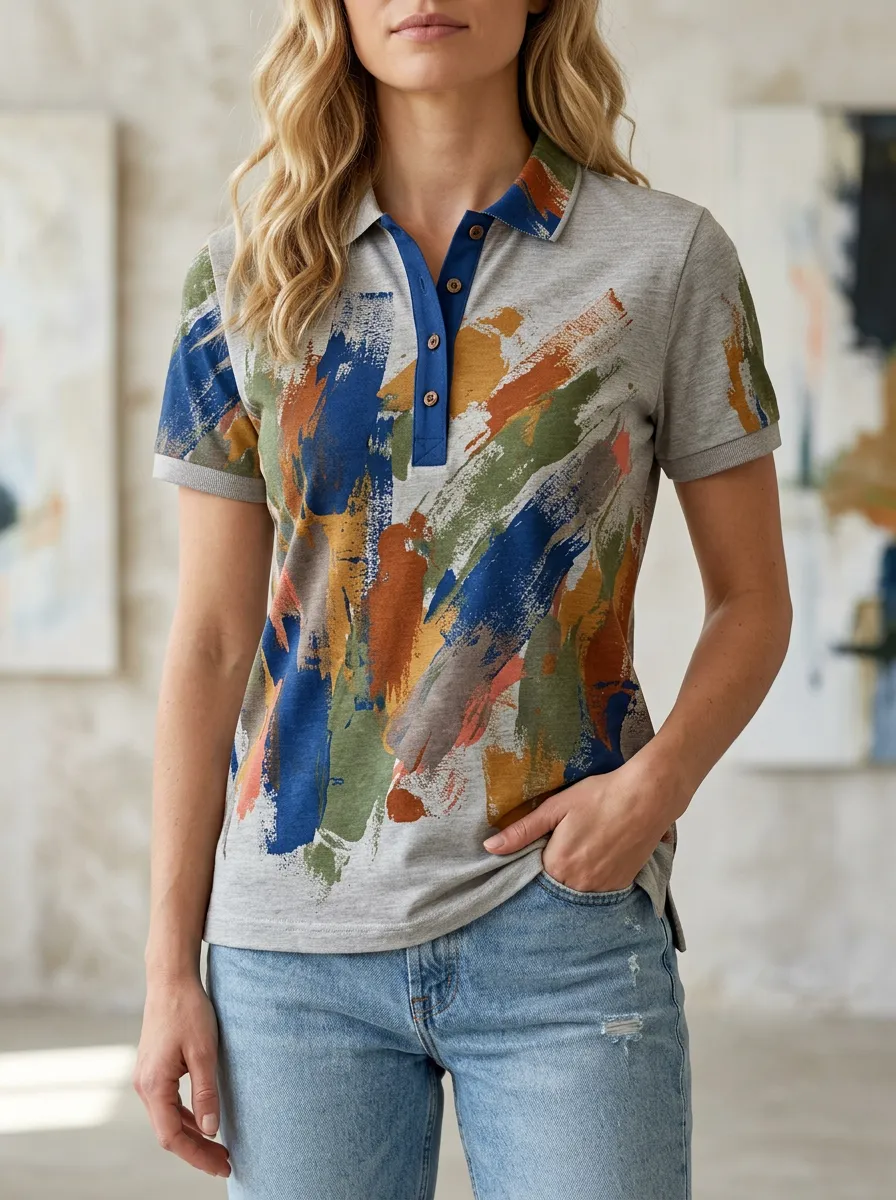 Women's Classic Abstract Brushstroke Art Polo Shirt