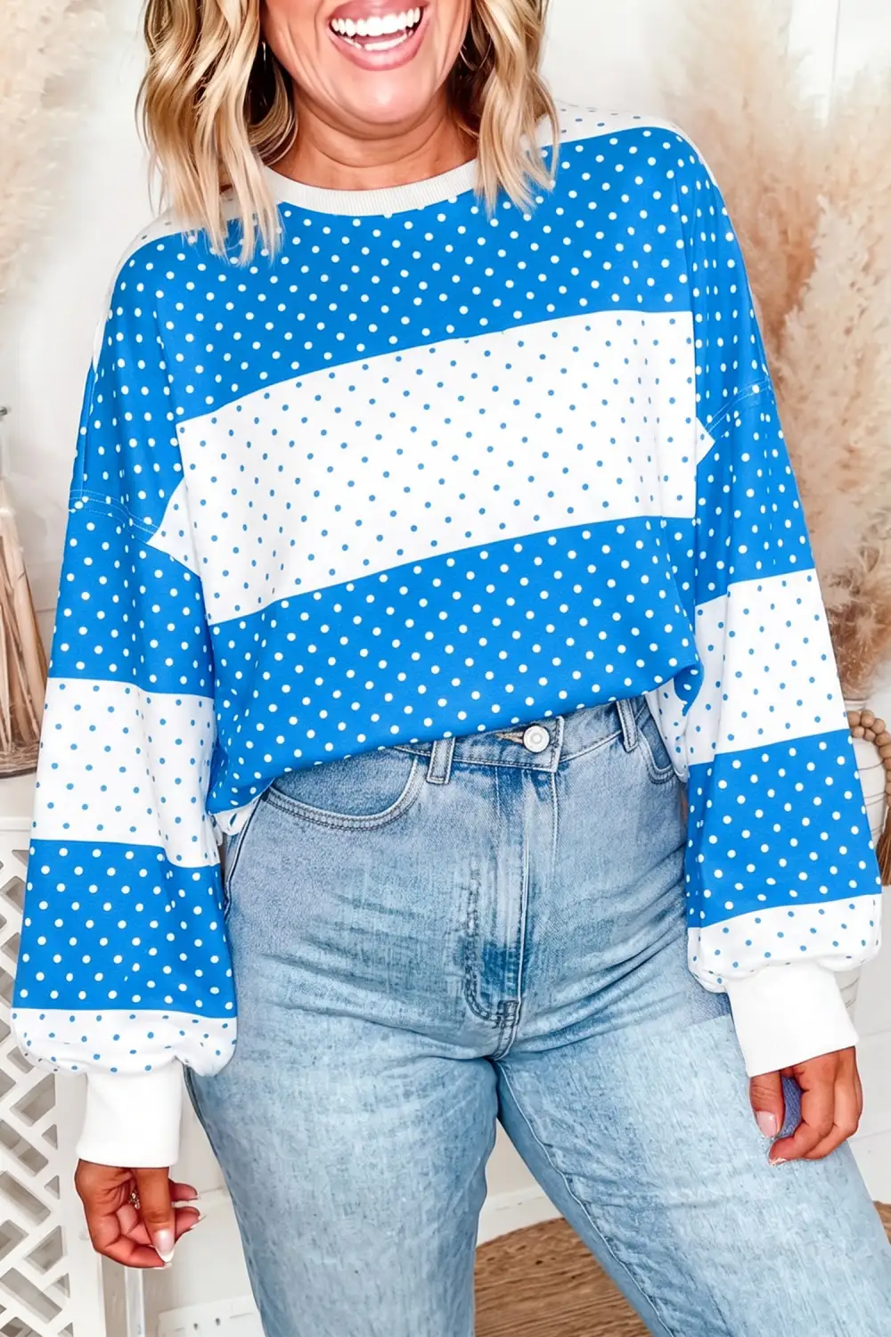 Refined Polka Dot Relaxed Stretch Fabric Long Sleeve Top
