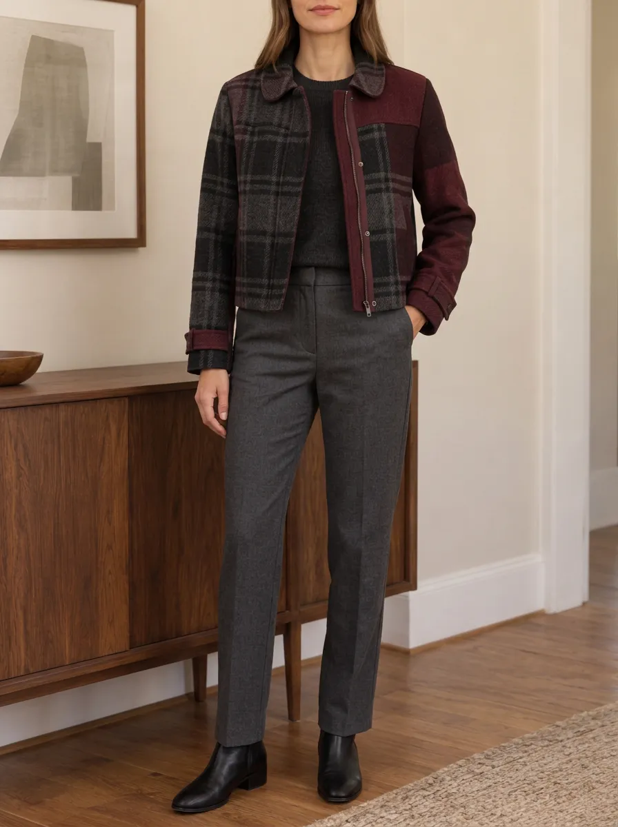 Women's Plaid Patchwork Plaid Stand Collar Cropped Jacket