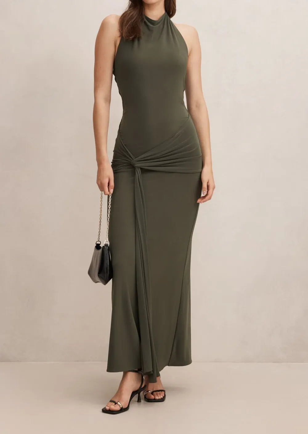 Olive Green Halter Neck Jersey Maxi Dress