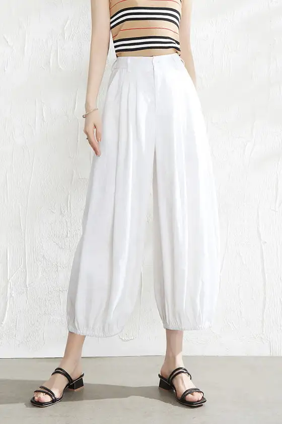 Classic Linen Wide Leg Cropped Elastic Waist Pocketed Trousers