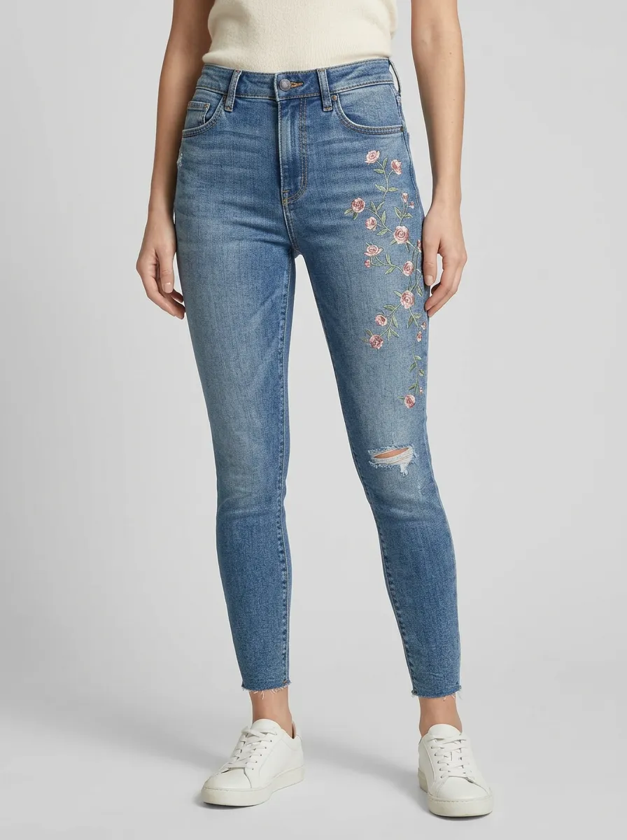 Women's Harbor Floral Embroidered Distressed Graphic Slim Jeans