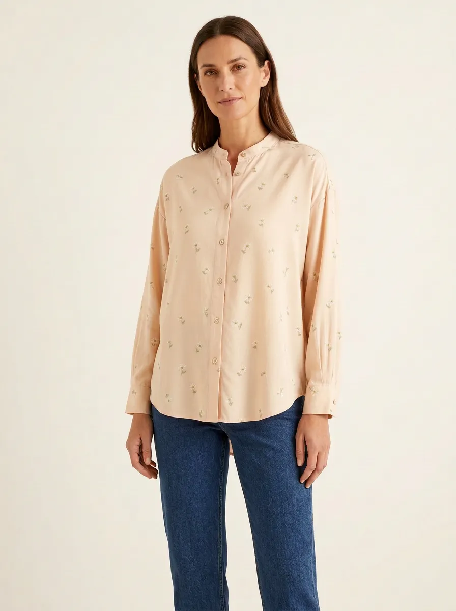Women's Small-Floral Partial-Placket Mandarin Shirt