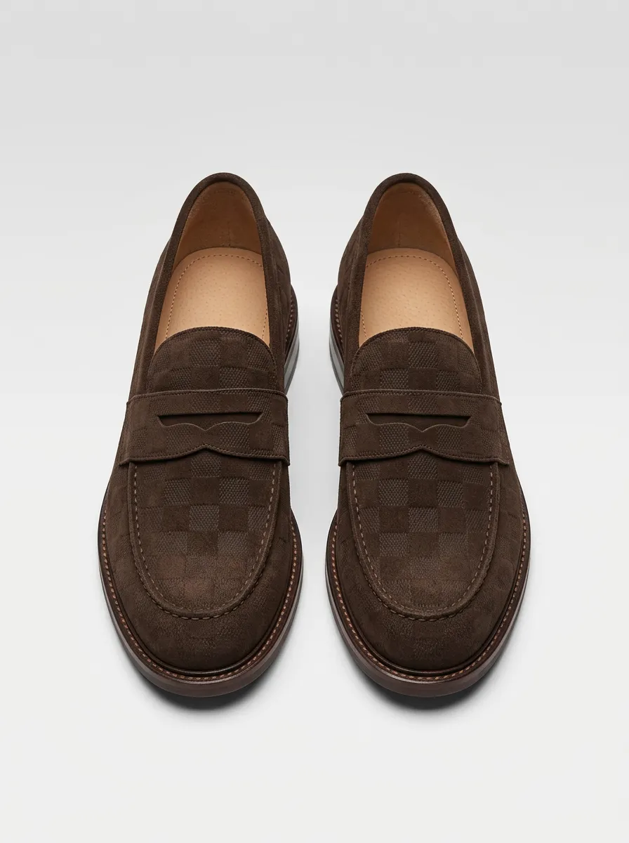 Unisex Brown Suede-Look Checkerboard Pattern Loafers