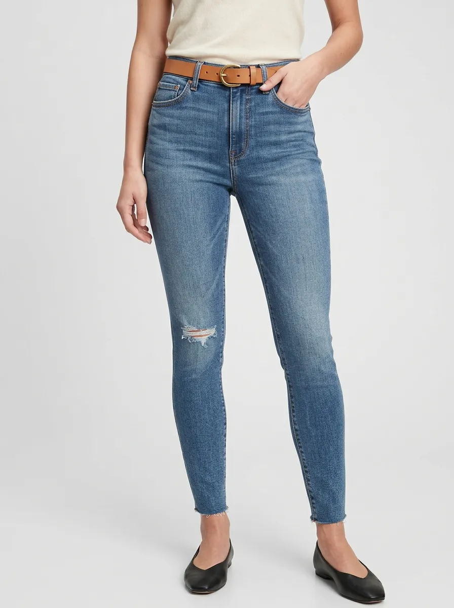 Women's Casual Distressed Knee Raw Hem Slim Fit Jeans