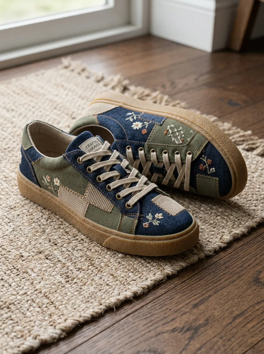 Women's Floral Patchwork Denim Embroidered Sneakers