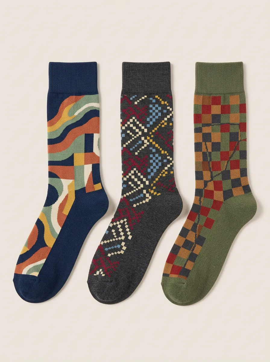 Men's Geometric Abstract Pattern Printed Three Pack Socks Clean Design