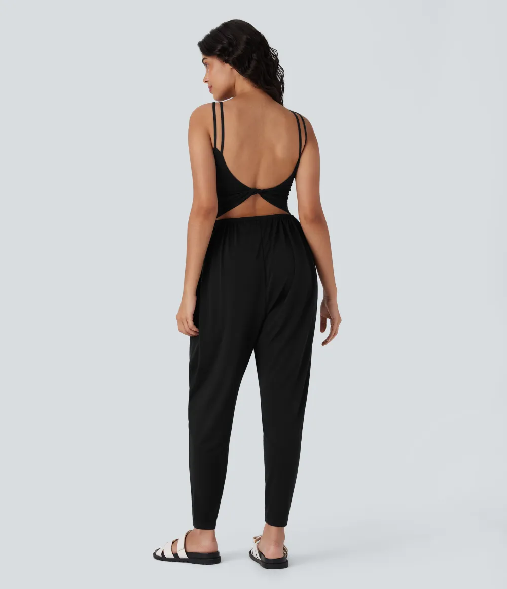 Double Straps Pocket Harem Casual Jumpsuit-Easy Peezy