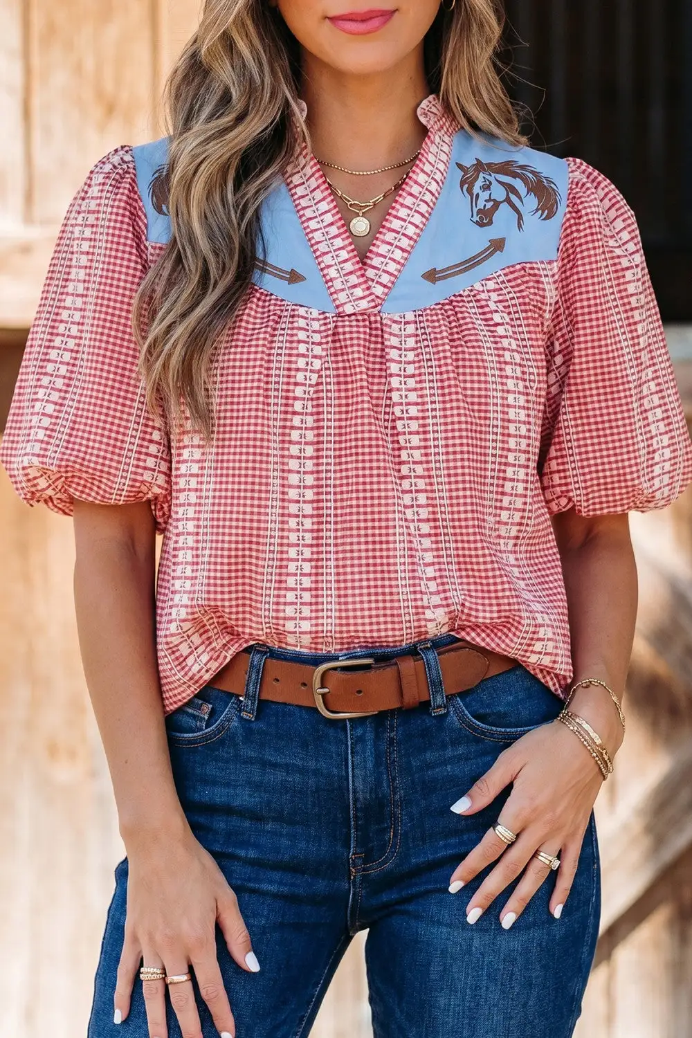Embroidered Puff Sleeve Gingham Blouse