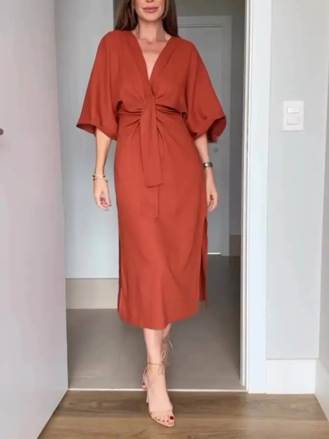Bat Sleeve Lace Up Midi Dress