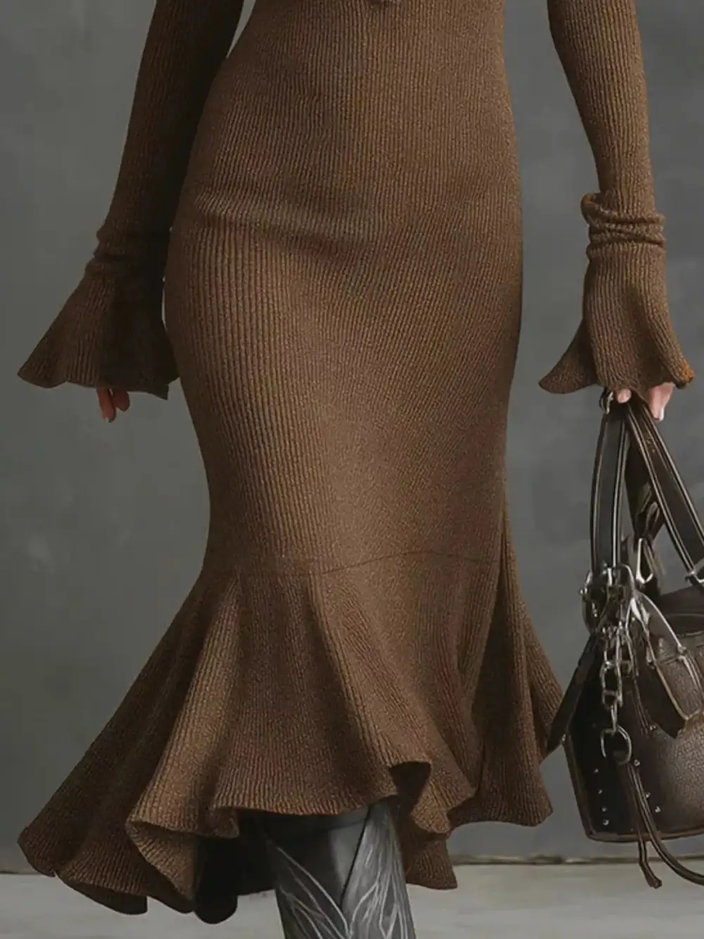 Ribbed Knit Zip Front Midi Dress