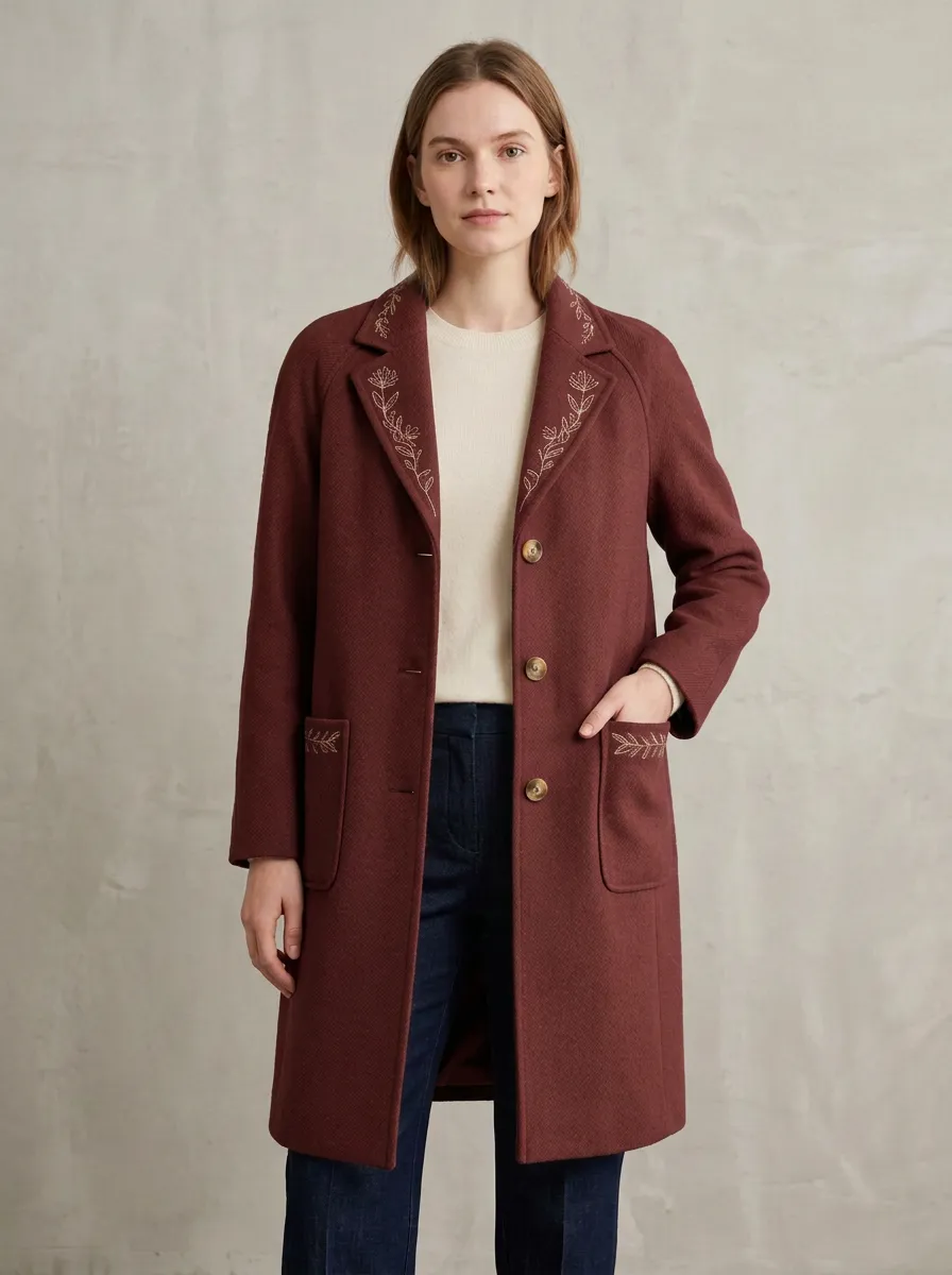 Women's Marin Floral Embroidered Camel Coat