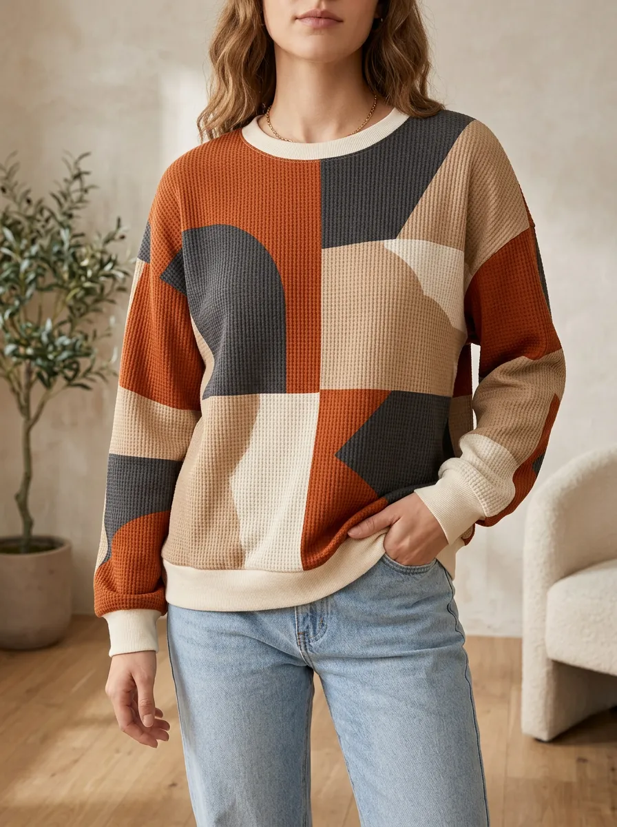 Women's Illustrated Geometric Colorblock Waffle Knit Crewneck Sweatshirt