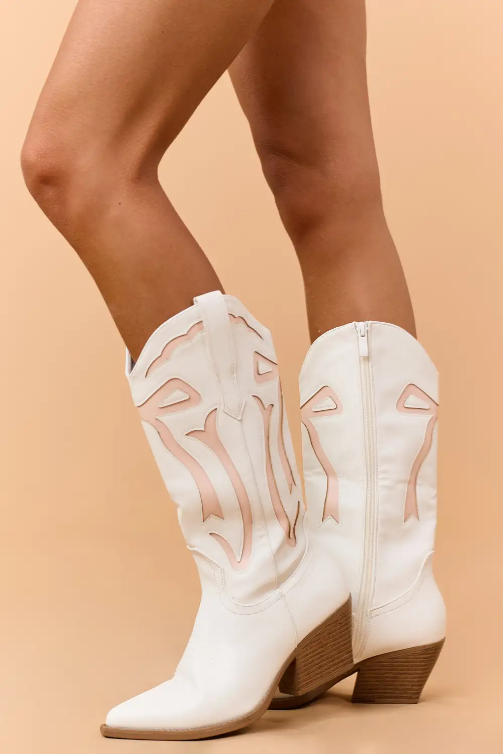 Ivory and Blush Faux Leather Western Style Boots