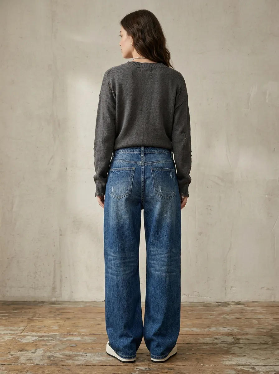 Women's Casual Streetwear Distressed Wide Leg Denim Jeans