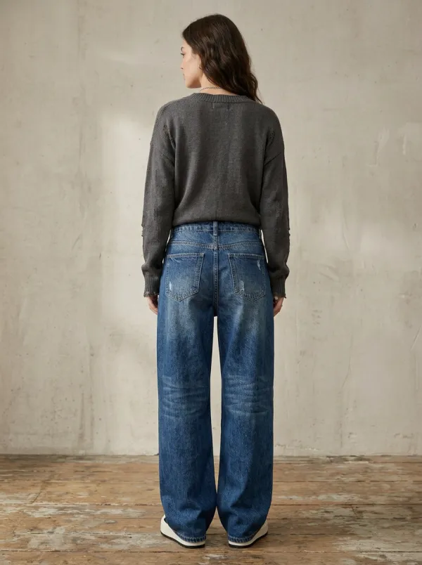 Women's Casual Streetwear Distressed Wide Leg Denim Jeans