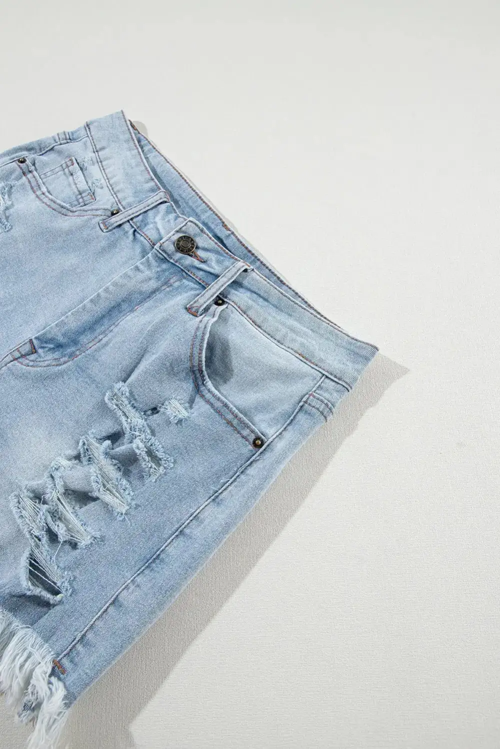 High Waist Pocketed Distressed Raw Hem Denim Shorts