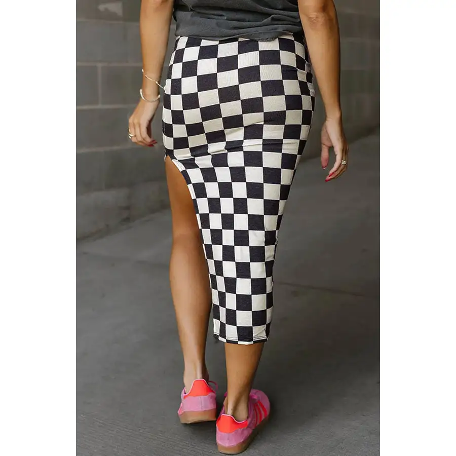 Split Checkered Midi Skirt