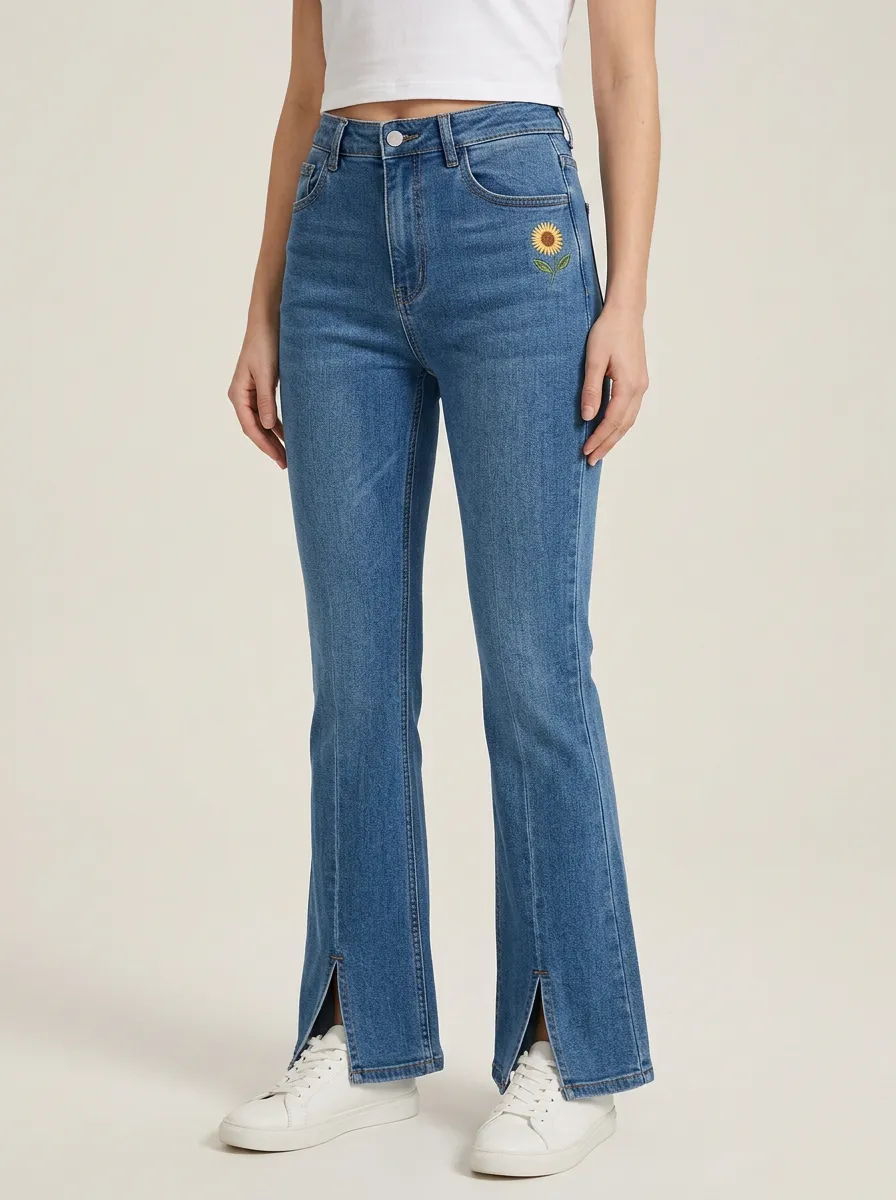 Women's Sunflower Embroidered Contrast-Stitch Split-Hem Flare Jeans