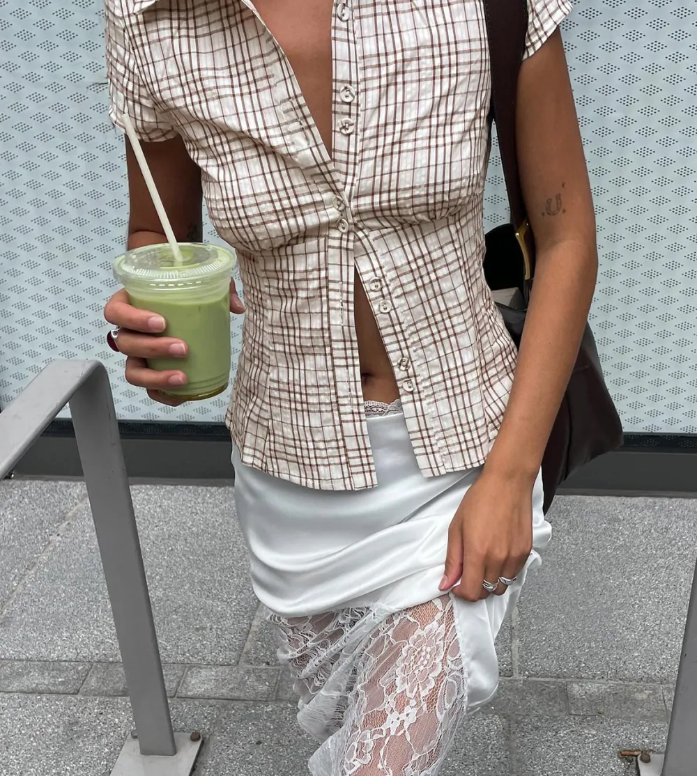 Brown Check Ruched Blouse