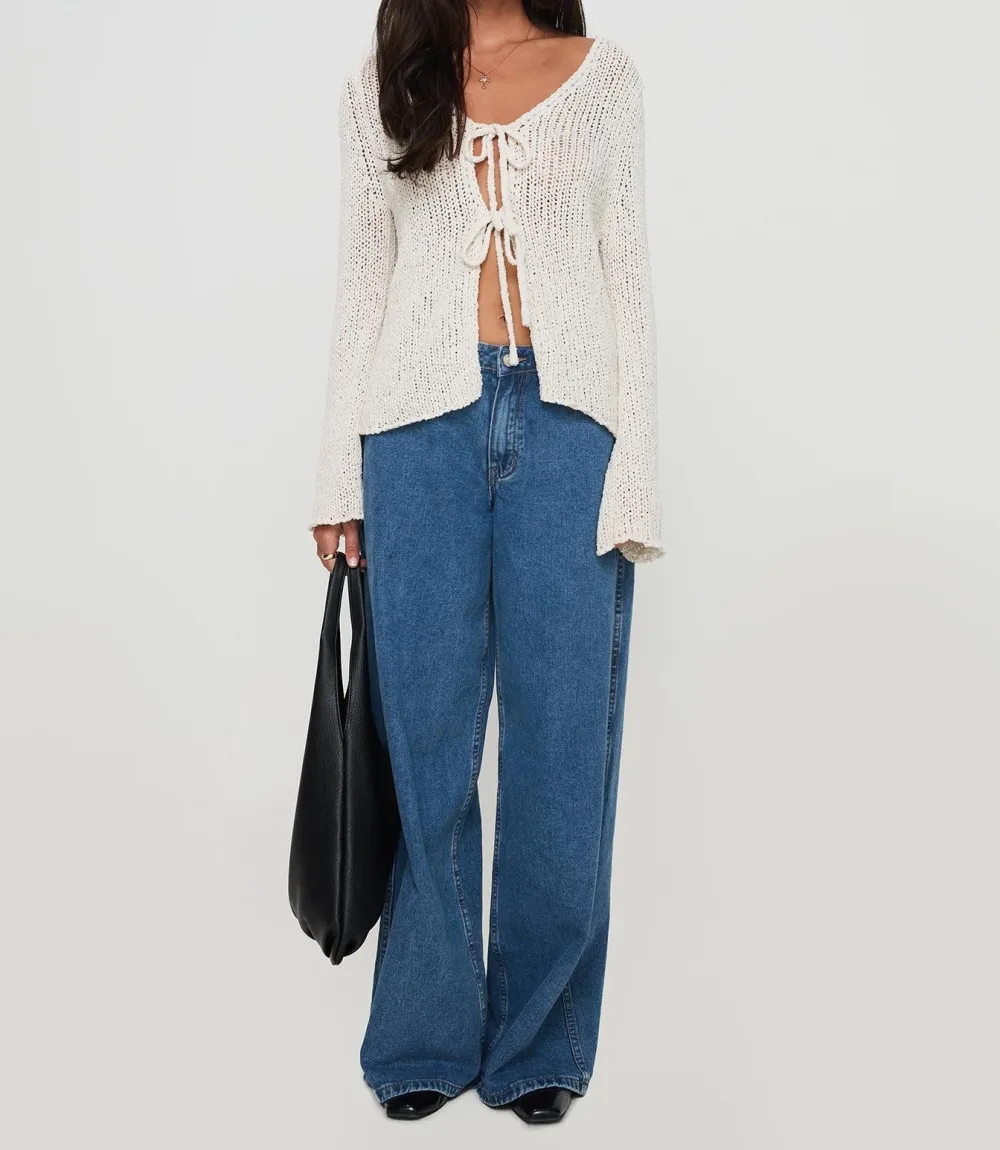 Cream Sheer Tie-Front Knit Cardigan