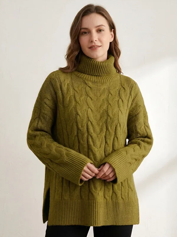 Women's Beige Cable Knit Patterned Turtleneck Sweater