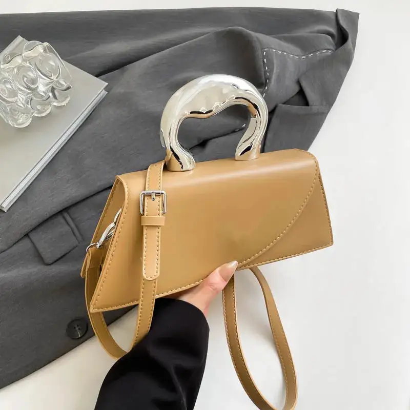 Chic Asymmetric Beige Shoulder Bag With Silver Handle