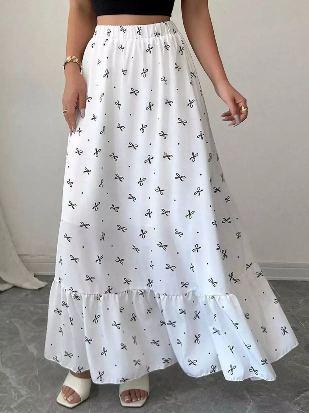 Bowknot Print Ruffle Hem Maxi Skirt