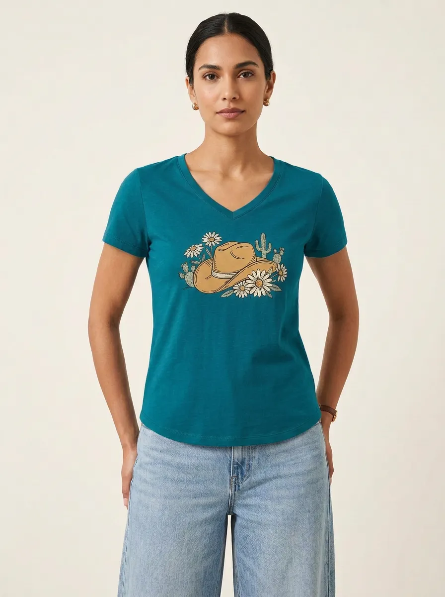 Women's Cowboy Hat Daisy & Cactus Graphic V-Neck T-Shirt