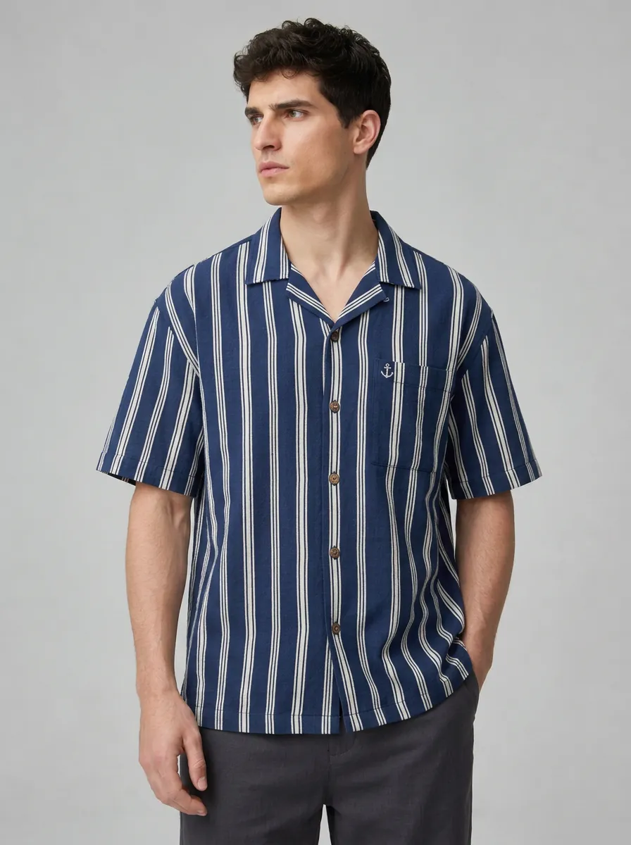 Men's Nautical Anchor Striped Printed Short Sleeve Shirt