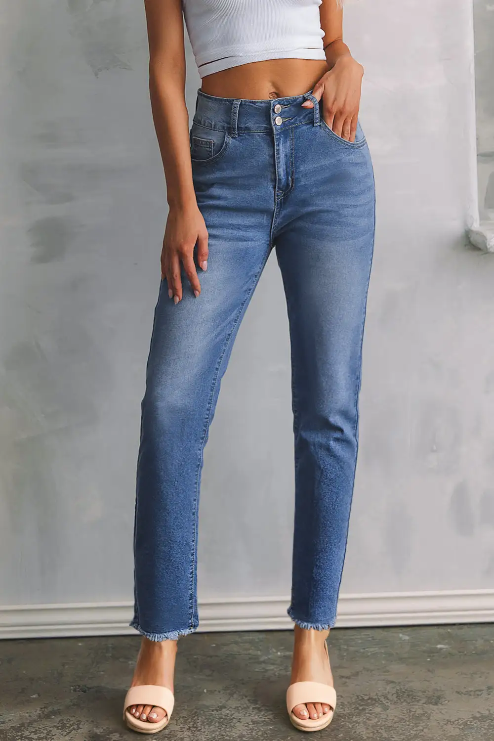 Women's Double Button Raw Hem Slim Fit Jeans