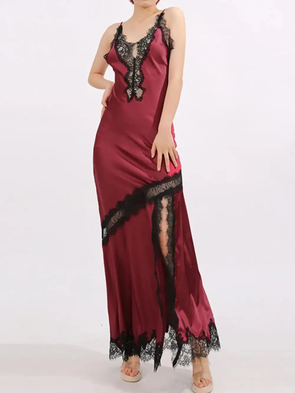 Layered Detail Lace Slit Maxi Dress