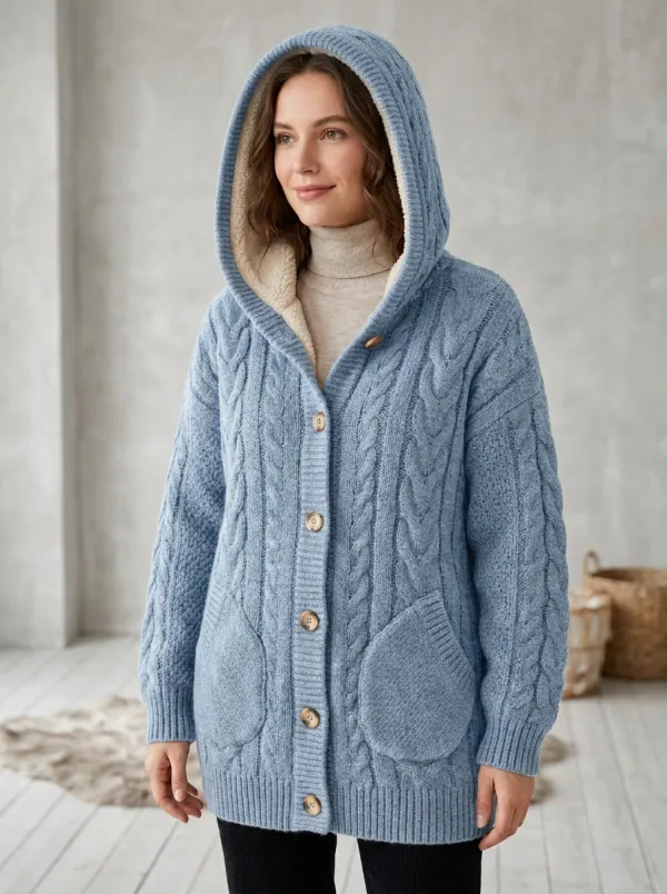 Winter Cable-Knit Fleece-Lined Hooded Cardigan