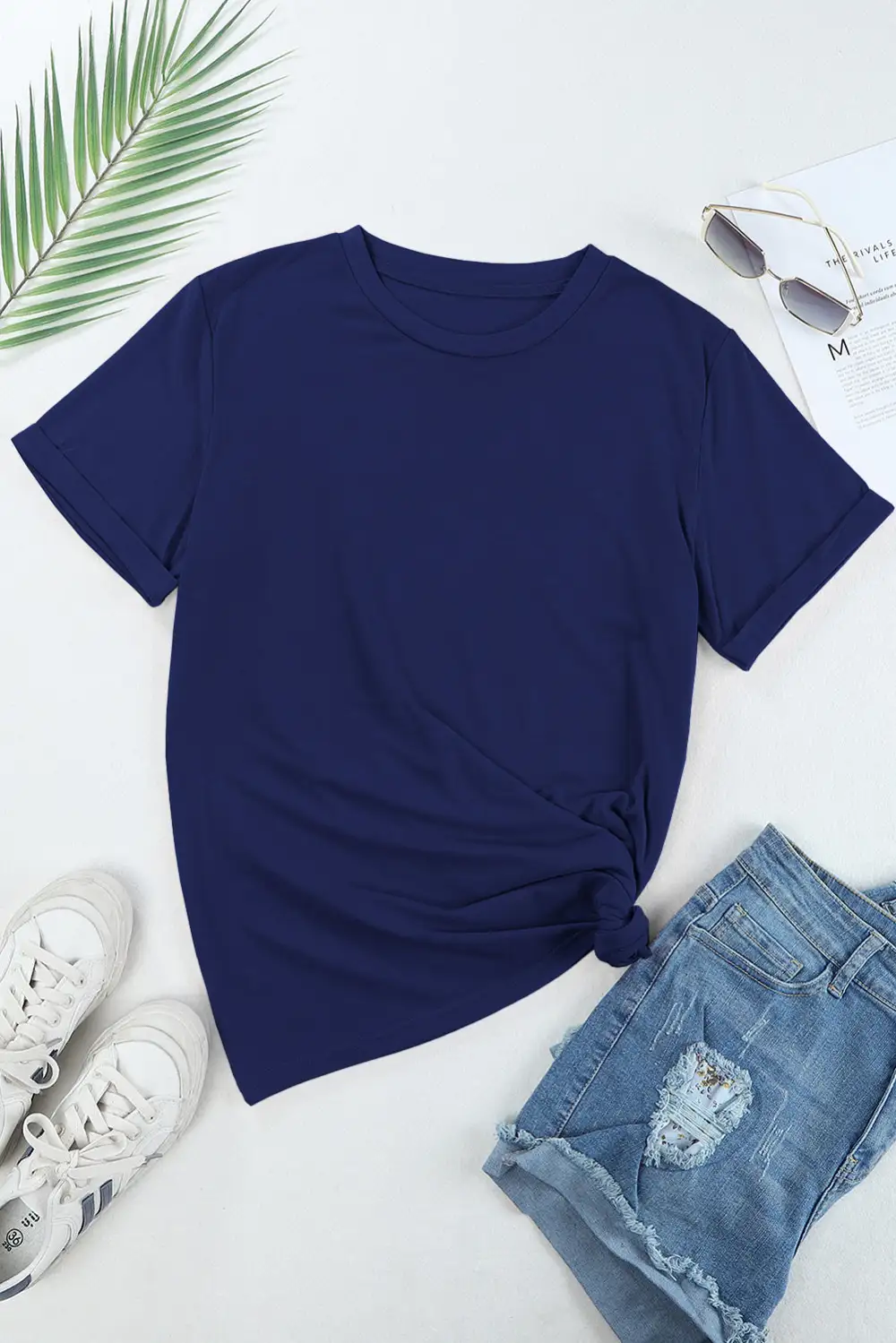 Blue Casual Plain Crew Neck