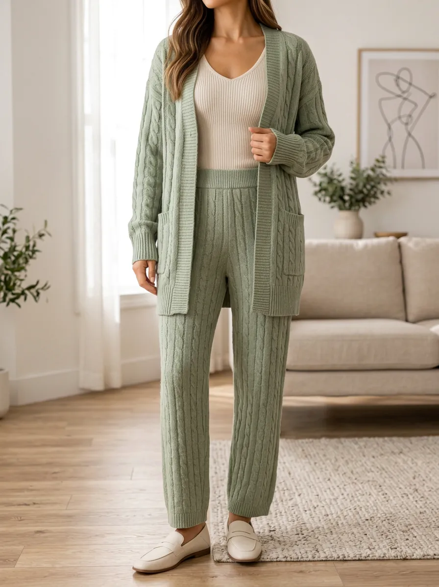 Women's Everyday Cable Knit Cardigan Tank Top And Pants Three Piece Set