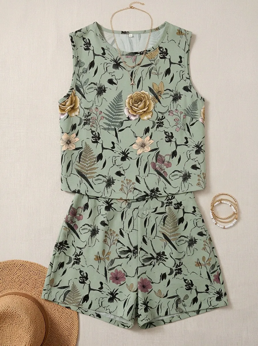Women's Botanical Floral Sage Green Printed Sleeveless Shorts Set