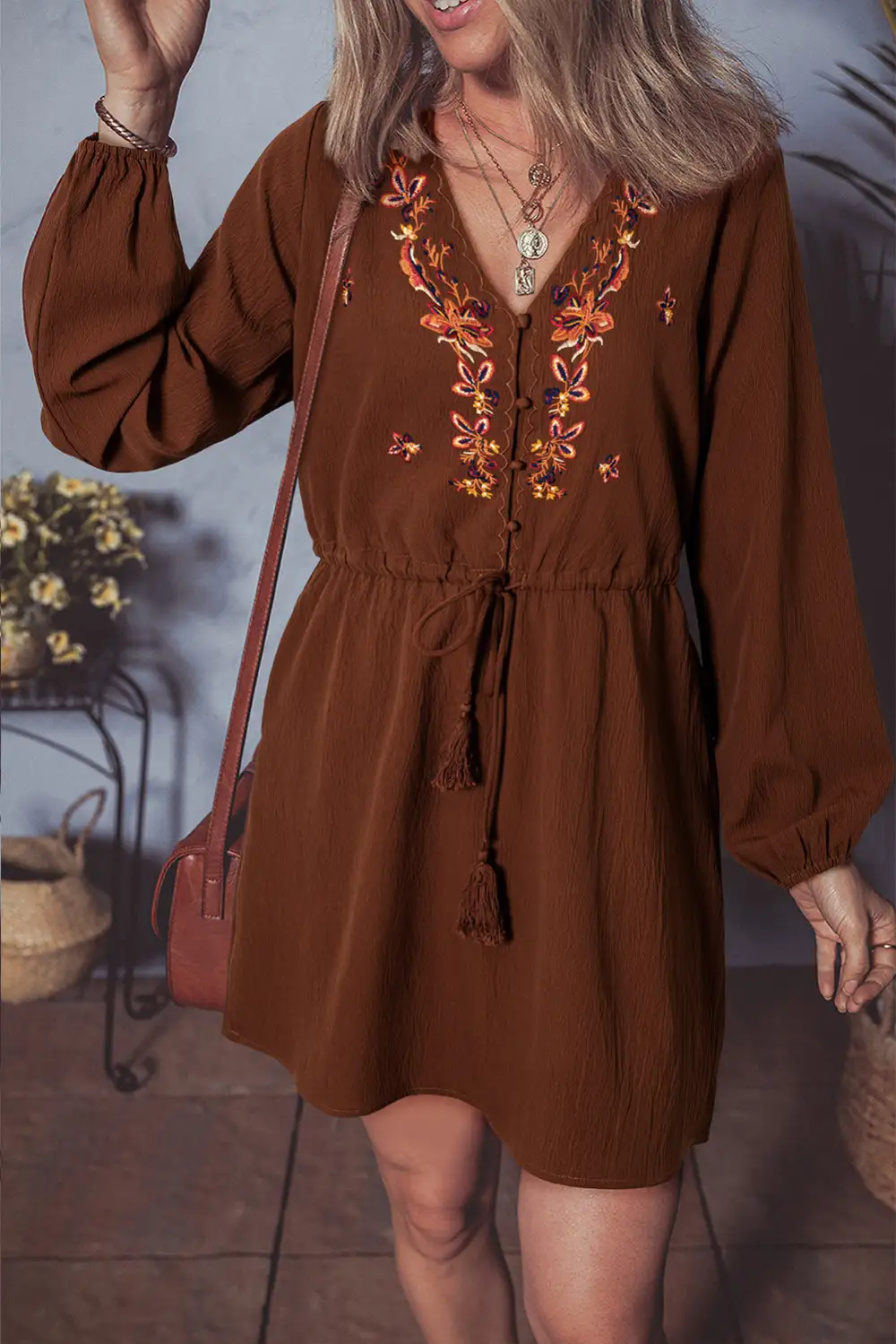 Floral Embroidered Tie Detail Mini Dress